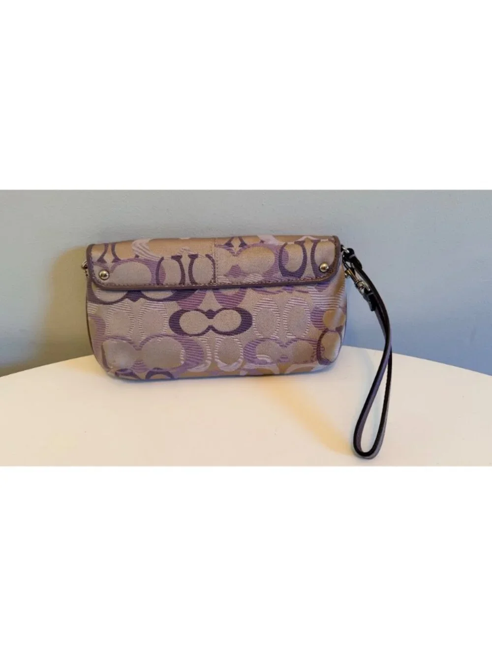 Coach Large Flap Wristlet Clutch Beige & Purple Signature C Logo Pattern